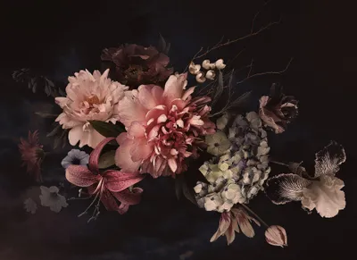 Produktbild von Vintage Tapete floral | Romantische Fototapete mit Blumen auf schwarzem Hintergrund | Schlafzimmer und Wohnzimmer Fotota