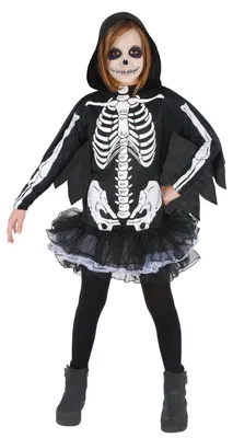 Skelett Kostüm für Mädchen, Kleid mit Kapuzenumhang, Gr. 7-10 Jahre