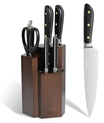 Image de Ensemble de couteaux en acier inoxydable, 7 pièces, avec bloc : couteau de chef, couteau Santoku, couteau à pain, ciseaux de cuisine, manche en bois véritable, couleur noire