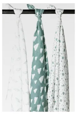 Produktbild von Baby Mullwindeln 3er Set - 120x120cm - Musselin Spucktücher/Pucktuch - 100 % weiche Baumwolle - - saugfähig, hautfreundlich & atmungsaktiv - Wolken/Punkte - Steingrün/Weiß