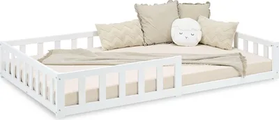 Image de Lit D'Enfant 120x200 cm Lit Montessori avec Barriere en Bois Blanc Lit au Sol Bebe Lit Bas Lit Simple