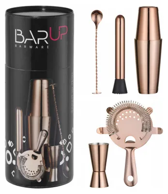 Produktbild von Barkeeper-Set in einer Tube, Shaker, Messbecher, Sieb, Stößel, Löffel - Kupfer