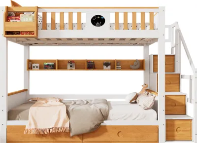 Produktbild von Etagenbett mit Treppe, Reichlich Stauraum, Rahmen aus Kiefernholz und MDF, Kinderbett mit 4 Schließfächer in der Treppe, mit Fallschutzgitter