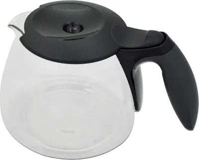 A glass coffee pot carafe with a black lid and handle.