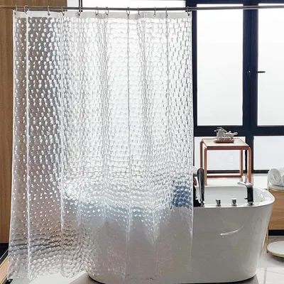 Produktbild von Transparenter Duschvorhang 180x200 cm mit 3D-Wasserwürfelmuster, Teleskopstange und Haken