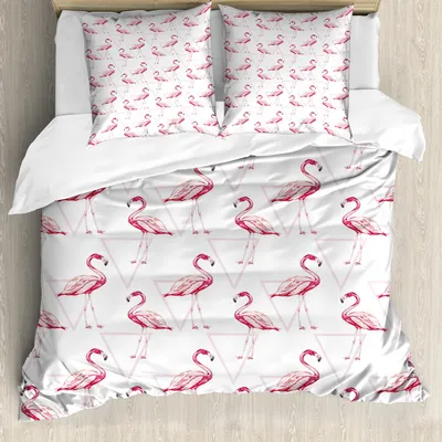Produktbild von ABAKUHAUS Flamingo Bettbezug Set, Realistische Zeichnungs-Art-Tiere auf geometrischem Hintergrund mit rosa Dreiecken, 155 x 220 cm + 80 x 80 cm, Pfirsich Weiß Rosa