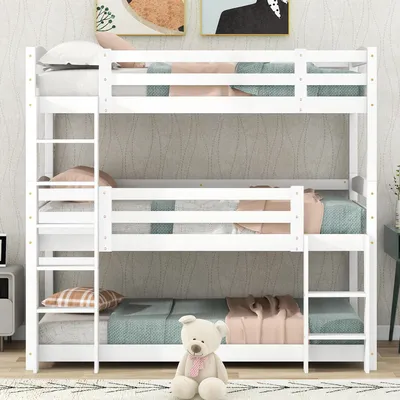 Produktbild von okwish Etagenbett Hochbett 90x200 Dreier-Etagenbett für Erwachsene & Kinder, Stockbett, drei Personen Rausfallschutz, Weiß