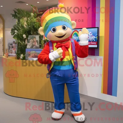 Productafbeelding van Mascottekarakter REDBROKOLY van een regenboog gekleed met een spijkerbroek en stropdassen