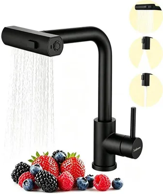Productafbeelding van Keukenkraan zwart, hogedruk keukenkraan met uittrekbare douche, watervalkraan keuken met 3 straalsoorten, 360° draaibare spoelbakkraan, mengkraan keuken, roestvrij staal