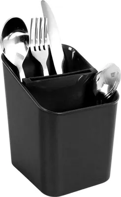 A black cutlery organizer filled with silverware.