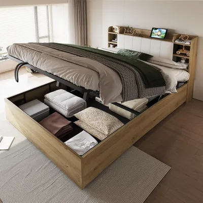 Produktbild von Flieks Jugendbett 180x200cm mit Stauraumkopfteil, Stauraumbett Klassisches Bett mit Lattenrost, Holzbett Doppelbett Boxspringbett, Naturbelassen