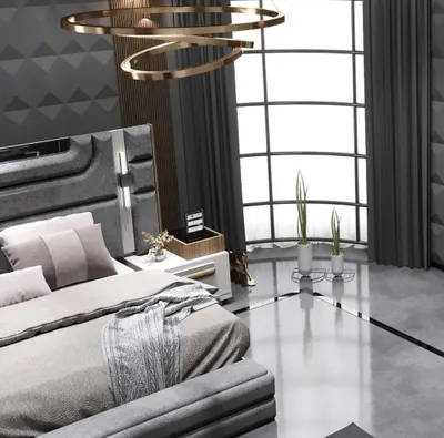 Zdjęcie produktu dla Stylowy zestaw do sypialni – łóżko z 2 szafkami nocnymi i oświetleniem LED