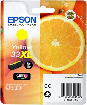 Zdjęcie produktu dla Epson Oranges Singlepack Yellow 33XL Claria Premium Ink, Wysoka (XL) wydajność, Żółty, Tusz na bazie pigmentu, 8,9 ml, 1 szt., 650 stron(y)