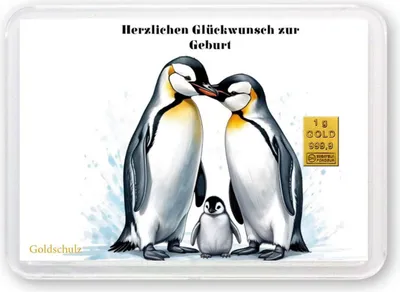 Produktbild von Grußkarte Glückwünsche zur Geburt Pinguine Gold 1g 1 Gramm Motivbox  - Geschenk + Echtheitszertifikat