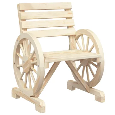 A wooden garden chair designed to look like it has wagon wheels.
