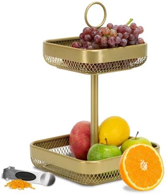 Produktbild von Unyqoos® Moritz & Moritz 2‑stöckige Etagère, pulverbeschichtetes Metall gold, Körbe 21×21/17×17 cm, H 35,5 cm, inkl. 4‑in‑1 Edelstahl‑Zesteur 13×3 cm, spülmaschinengeeignet