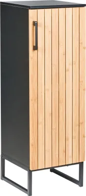 Produktbild von BELIANI Badschrank Hellbraun u. Schwarz Bambusholz 90 cm Hoch Schmal mit Metallfüßen Tür 3 Fächer Geräumig Lamellen Optik Badezimmer Standschrank