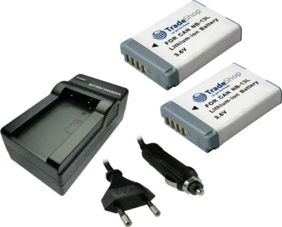 Produktbild von Trade-Shop 3in1 Set: 2x Li-Ion Akku 1250mAh + LED Ladegerät inkl. Kfz-Ladekabel kompatibel mit Canon NB-13L / Digitalkamera Digicam Videokamera