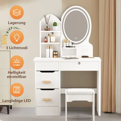 Produktbild von MULISOFT Schminktisch mit LED-Beleuchtung Spiegel, 3 Farbtemperaturen, Helligkeit Einstellbar, Frisiertisch mit Hocker, 4 Schubladen, 3 Ablagen, Kosmetiktisch Modern Schlafzimmer, 90x40x138cm, Weiß
