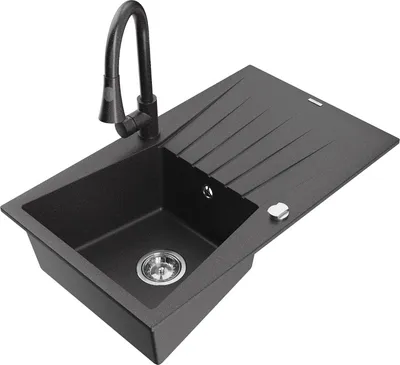 Produktbild von Mexen Cesar 1 Becken-Granitspüle mit Abtropffläche und Mischbatterie Elia, Schwarz gesprenkelt - 6514-76-670101-76