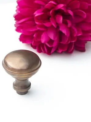 A bronze door knob is placed in front of a large pink flower.