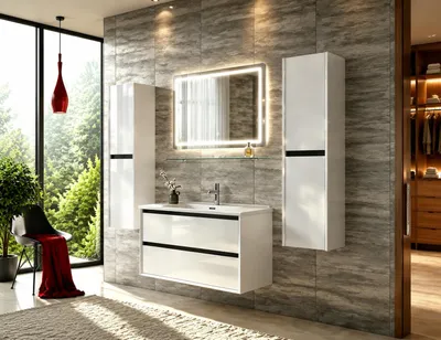 Produktbild von Faizee Home | Lumen Badmöbelset 90 cm Hochglanz inkl. Waschbecken, LED-Spiegel und 2 Seitenschränken, wählbar in Grau, Schwarz oder Weiß Weiß