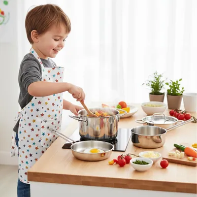 Produktbild von Kinder Topfset 6-teilig – Spielzeug Küchen Set aus Edelstahl 18/10 – Kinderküche Zubehör, Metall Kochtopf Set für Rollenspiel