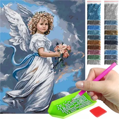 Zdjęcie produktu dla Haft diamentowy ARTULIO - Aniołek z białymi skrzydłami i kwiatami - 40 x 30 cm - Diamond painting, Kompletny zestaw: mozaika + akcesoria