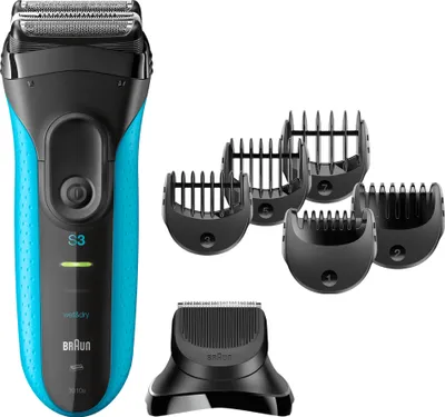Obrázek produktu pro Braun Series 3 Shave&Style 3010BT, Planžetový holicí strojek, Černá, Modrá, 2 SensoFoil, 1 Middle Trimmer, 5 kammen 17 mm, LED, Baterie, Nikl-metal hydridová (NiMH)