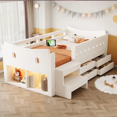 Produktbild von Flieks Kinderbett 90x200cm mit USB & Typ-C, Hochbett mit Treppe und 4 Schubladen, Schlafsofa Holzbett mit Led und Staufächern, Weiß