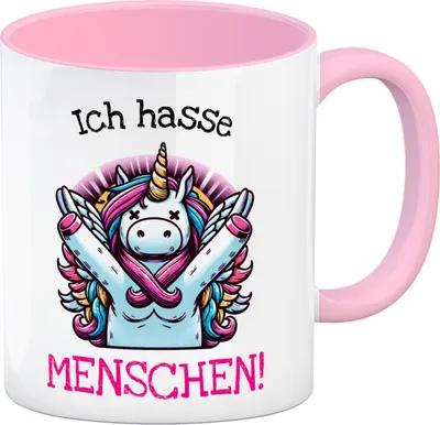 Produktbild von Einhorn Kaffeebecher in rosa mit Spruch Ich hasse Menschen!