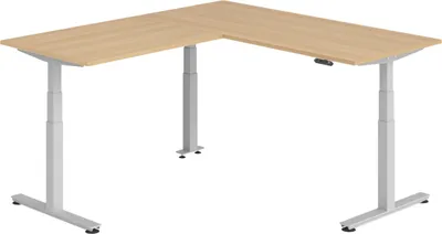 Produktbild von bümö Eckschreibtisch elektrisch höhenverstellbar L-Form - Gestell: Silber, Nachbildung: Eiche, Größe: Eckschreibtisch 180 x 200 cm