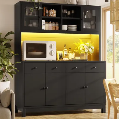 Produktbild von Flieks Hochbuffetschrank mit App-gesteuerter RGB-LED, Glastüren, Küchenbuffet mit verstellbare Einlegeböden, Sideboard 140x38.5x180cm, Schwarz