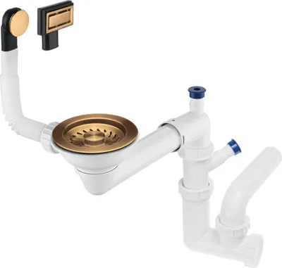 A white sink siphon system with a gold strainer basket, shown against a white background.