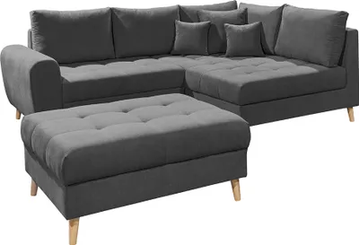 Produktbild von Ecksofa mit Hocker und Kissen in anthrazit, L-Form mit Recamiere rechts, Serie AREZZO-09