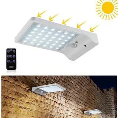 Produktbild von Solar Wandleuchte Außen 48 LED Bewegungsmelder Licht Dimmbar mit Fernbedienung Kabellos Wasserdichte Solarlampe für Tür Flur Weg Patio Zaun Weiß