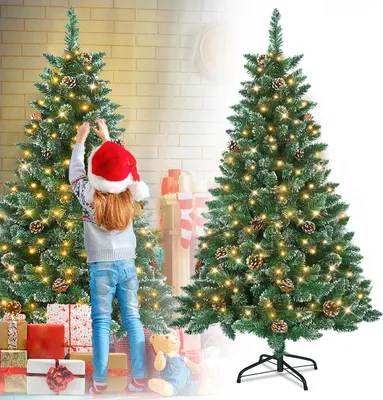 Productafbeelding van LZQ 150 cm PVC kunstboom met warme LED-verlichting, kerstboom met sneeuw en dennenappels, kerstdecoratie