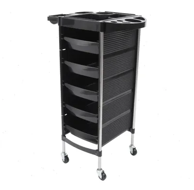 Zdjęcie produktu dla Wózek fryzjerski – wózek salonowy z półkami – na kółkach – nośność 8 kg – 52,5×37×90 cm – ABS i stal nierdzewna – czarny