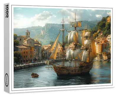 Produktbild von raxxa Premium-Puzzle "Historisches Segelschiff vor mittelalterlicher Stadt", 1000 Teile