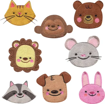 Produktbild von Tier Kopf Set 8 Stück - Aufnäher, Bügelbild, Aufbügler, Applikationen, Patches, Flicken, Zum Aufbügeln