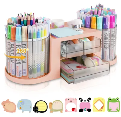Produktbild von Drehbarer Schreibtisch-Organizer mit 2 Stifthaltern, 3 Schubladen und 10 Fächern für Büro, Schule und Zuhause.