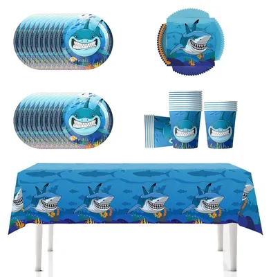 Hai-Partygeschirr-Set, 20 Teller, Becher, Servietten, Tischdecke