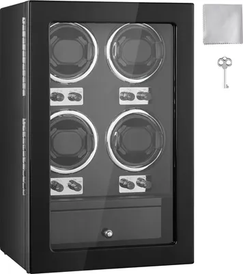 Immagine prodotto di SucceBuy avvolgitore per 4 orologi automatici - Con 4 silenziosi motori giapponesi Mabuchi, luce LED blu, adattatore, scheda di circuito ad alta densità resistente ed elegante finitura nera in PU