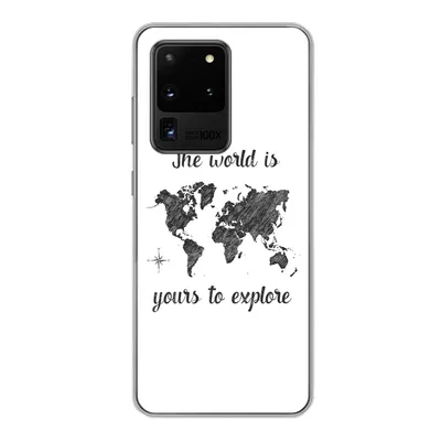 Produktbild von MuchoWow® Handyhülle Schutzhülle Hülle für Samsung Galaxy S20 Ultra Weltkarte - Schwarz - Sprichwörter Silikon Softcase Handy Hülle - Karteninhaber