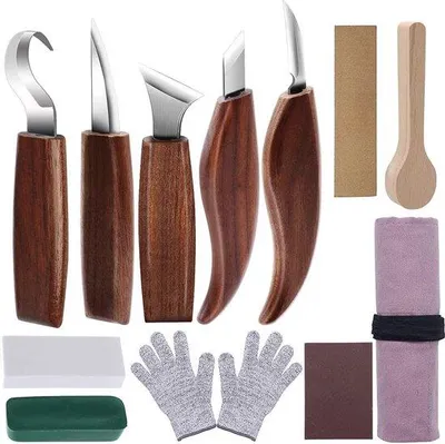 Produktbild von Holzsnitzset 12-teilig mit Schnitzhandschuhen und Schleifsteinen