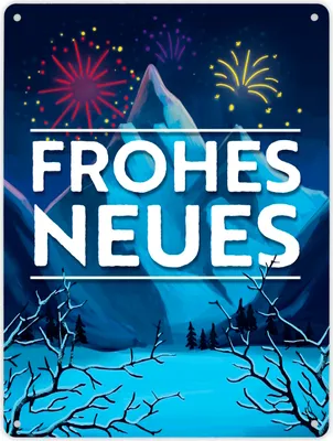 Produktbild von Feuerwerk über Winterlandschaft Frohes Neues Metallschild XL in 21x28 cm