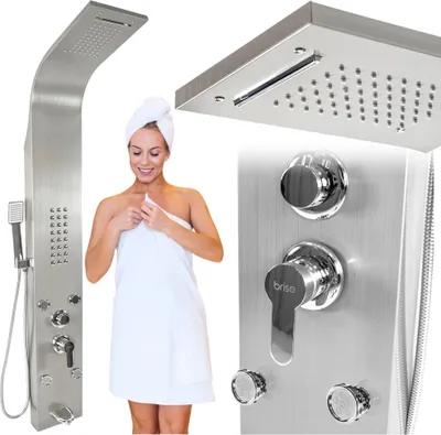 A woman wrapped in a towel stands next to a shower panel, with close-ups of the shower panel's features.