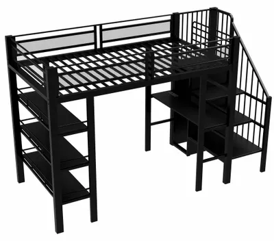Immagine prodotto di Letto a castello in metallo - Letto singolo - 90 x 200 cm - Barra luminosa LED - Presa di corrente integrata - Spazio contenitivo - Libreria - Nero