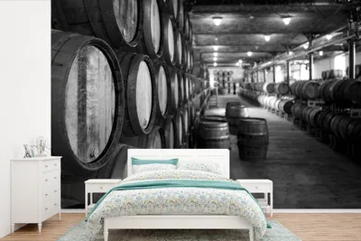 Produktbild von MuchoWow® Fototapete für Wohnzimmer oder Schlafzimmer Wandtapete Vinyl Motivtapete Eichenfässer in einem Weinkeller - schwarz und weiß - 390x260 cm - Papiertapete