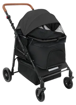 Produktbild von Haustierbuggy - 2-stöckiger faltbarer Hunde- und Katzenwagen - Stahlrahmen - bis 15 kg - Räder mit Bremse - Schwarz
